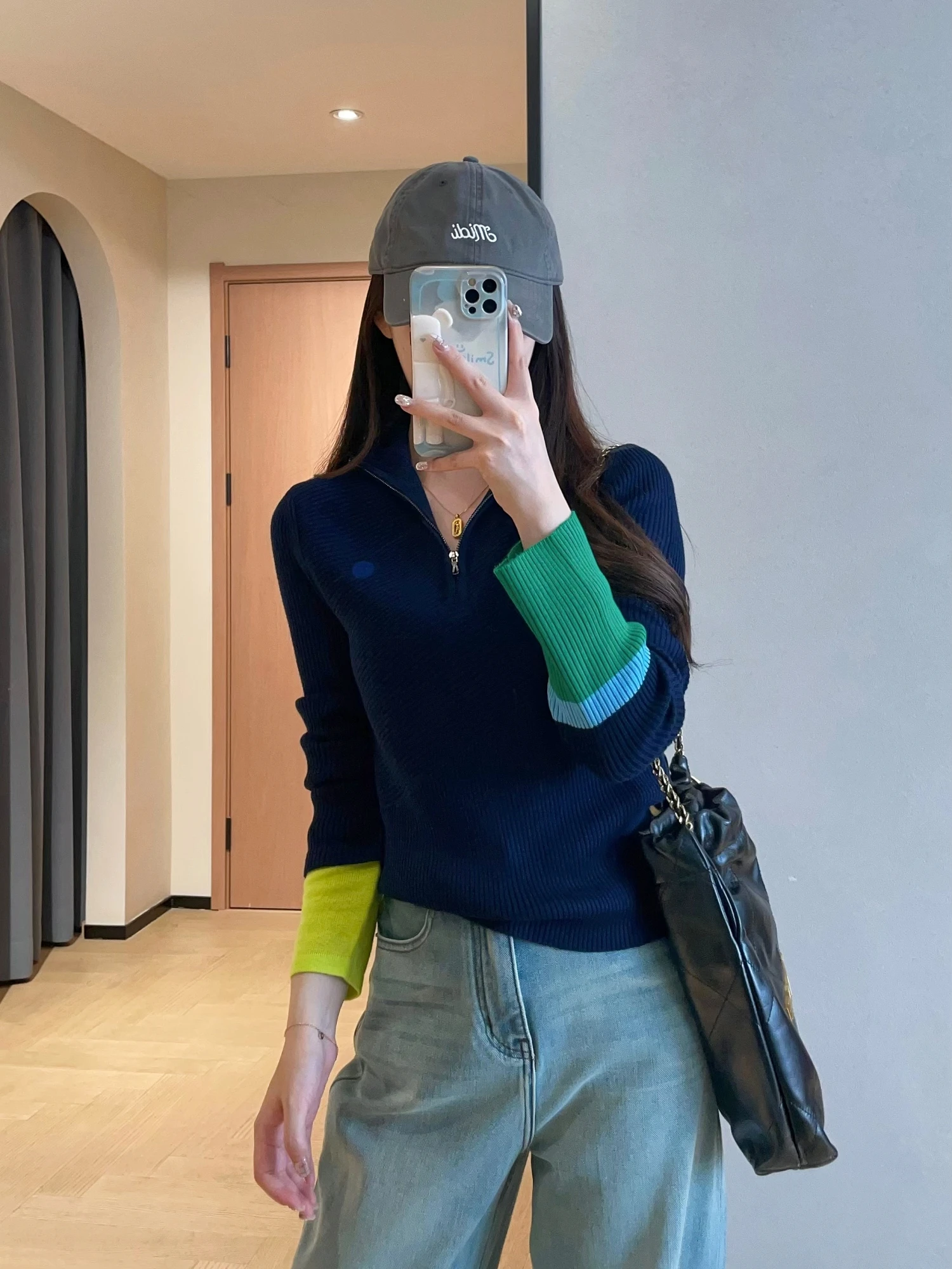 

Женский осенний повседневный вязаный топ WTHEONE из смесовой шерсти на молнии, с высоким воротником, длинными рукавами, в стиле колор-блок