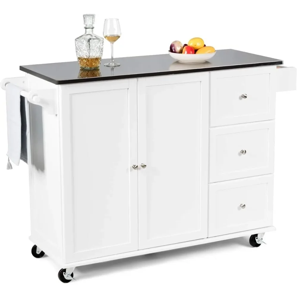 

Kitchen Island with Stainless Steel Countertop, Rolling Trolley with Towel Holder and Spice Rack, 3 Drawers, Adjustable Shelves