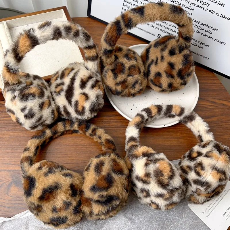 Women Fur Leopard Earmuffs Winter Thickened Warm Y2k Japanese JK Women Ear Cover Protection Cycling Earbags Y2k Accessories