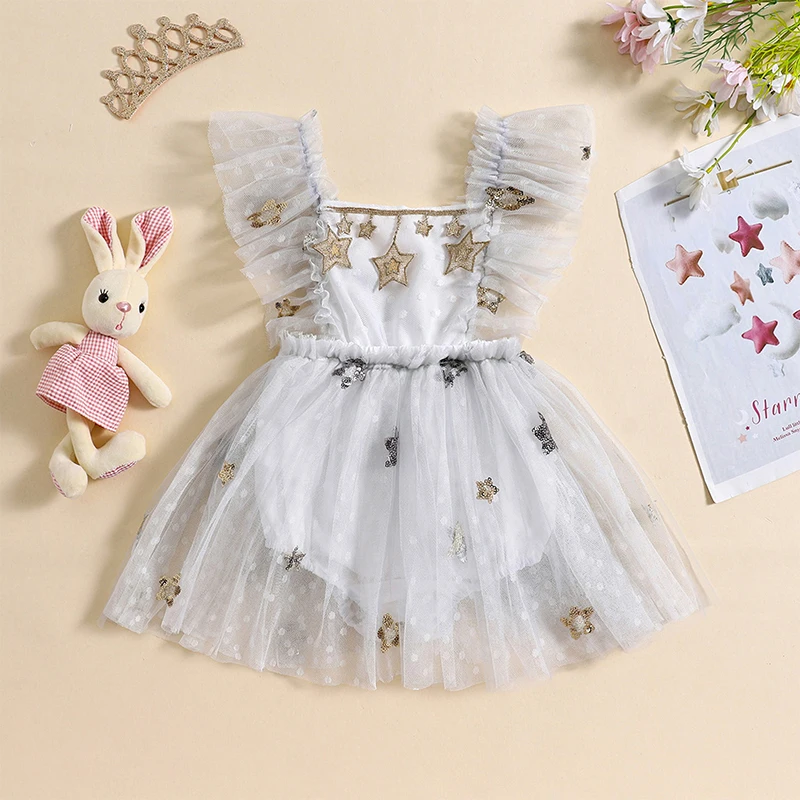 

VISgogo Baby Girls Romper Dress Fly Sleeve Sequined Stars Tulle Square Neck Bodysuit Newborn Summer Clothes