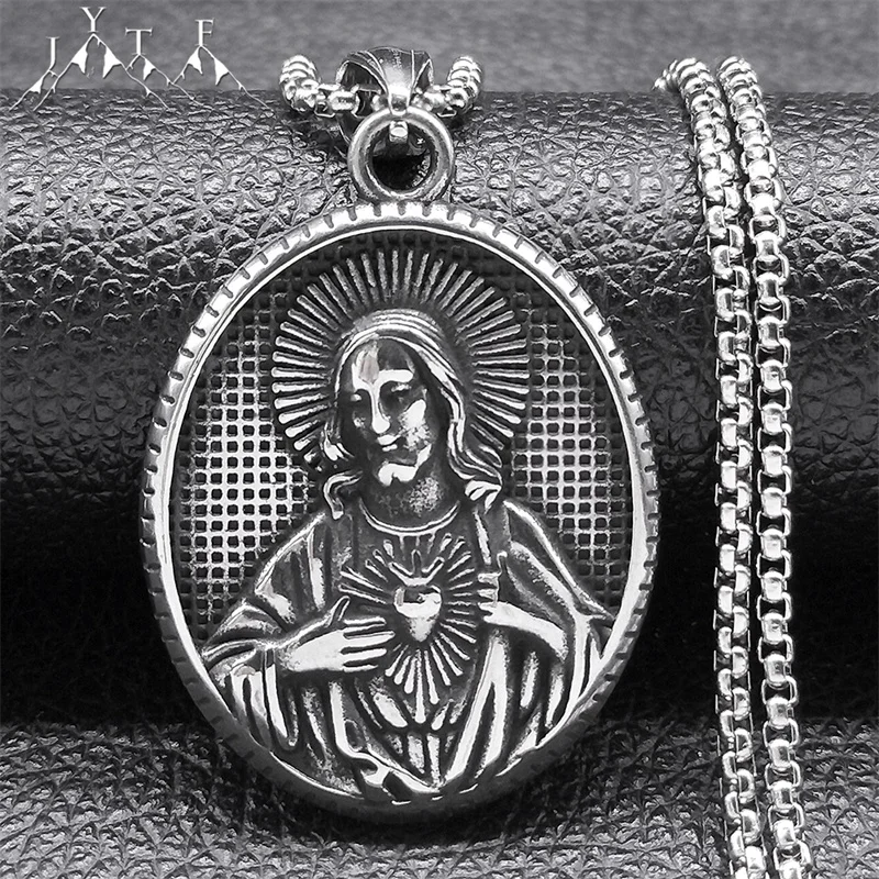 

Retro Catholic Sacred Heart of Jesus Necklace for Women Men Stainless Steel Silver Color Medal Pendant Necklaces Jewelry NZZS05