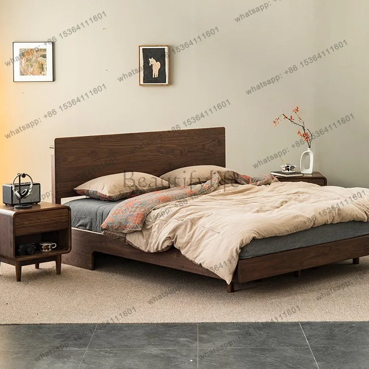 Factory Direct Sales Log Black Walnut Solid Wood Bed Retro Small Unit Master Bedroom 1.8 Meters Bed