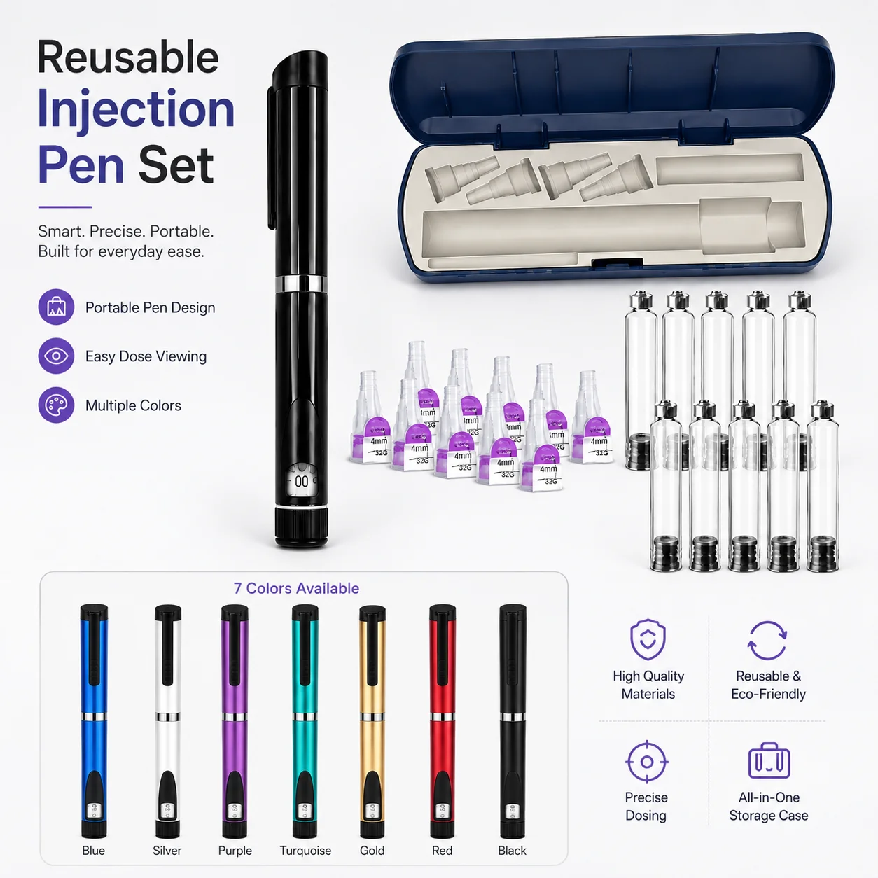 Reusable Insulin Pen Adjustable Dose Metal Injector Pen Refillable Injection Device with Cartridge Holder Portable Supply Box