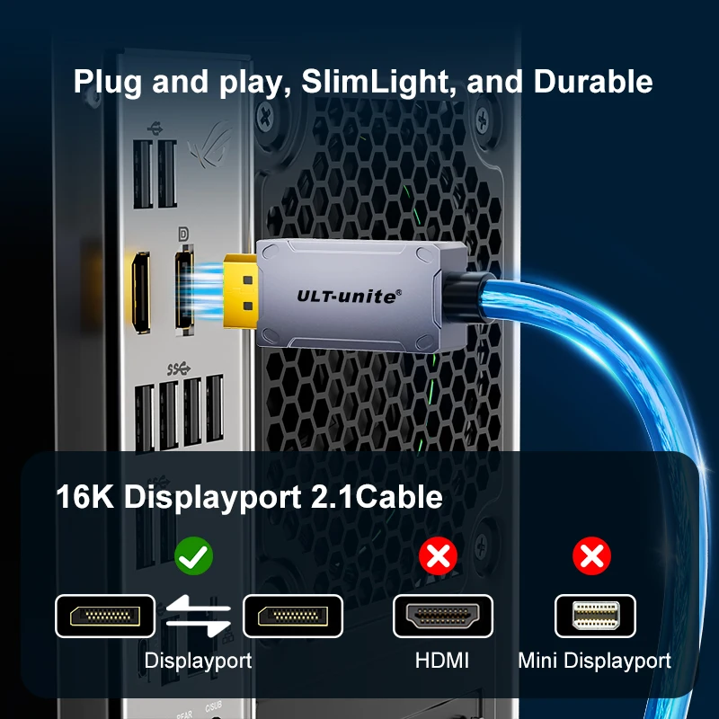 DisplayPort Cable 2.1 16K60Hz 8K120Hz 4K144Hz 80Gbps HDR, HDCP DSC 1.2a, DP 2.1 Cable Compatible FreeSync G-Sync Gaming Monitor