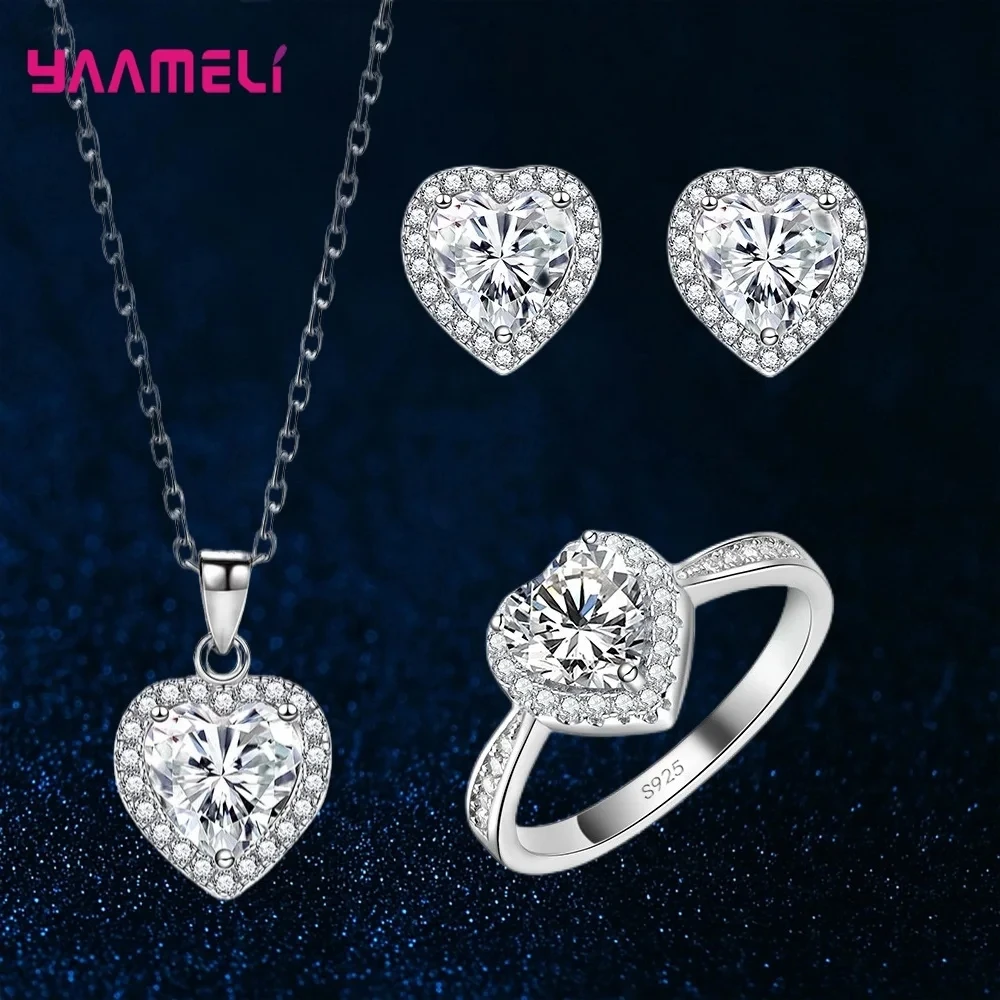 

925 Sterling Silver Jewelry Set Romantic Heart Shape Full Cubic Zircon Necklace Earring Ring Set for Women Wedding Party Jewelry