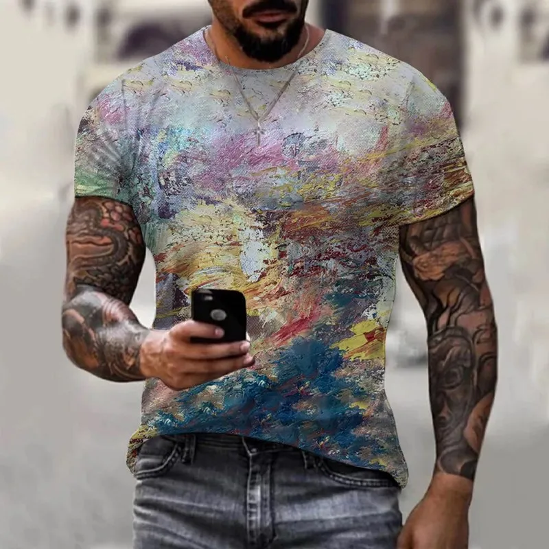 Men's summer New Crew Neck T shirt Oil painting style 3D Print Casual Short Sleeve Print fallow Fashion men Clothing