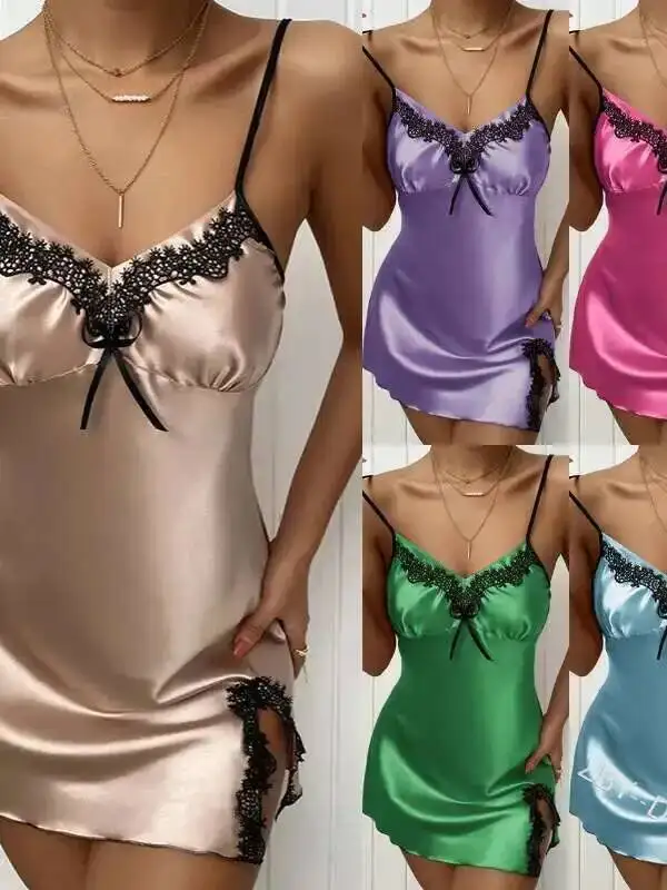 فستان مثير ملابس خاصة عميق الخامس مثير ثوب النوم الحمالات الساتان عارية الذراعين لطيف الدانتيل الحمالات فستان بلا أكمام أنيقة الساحرة HT83 #2