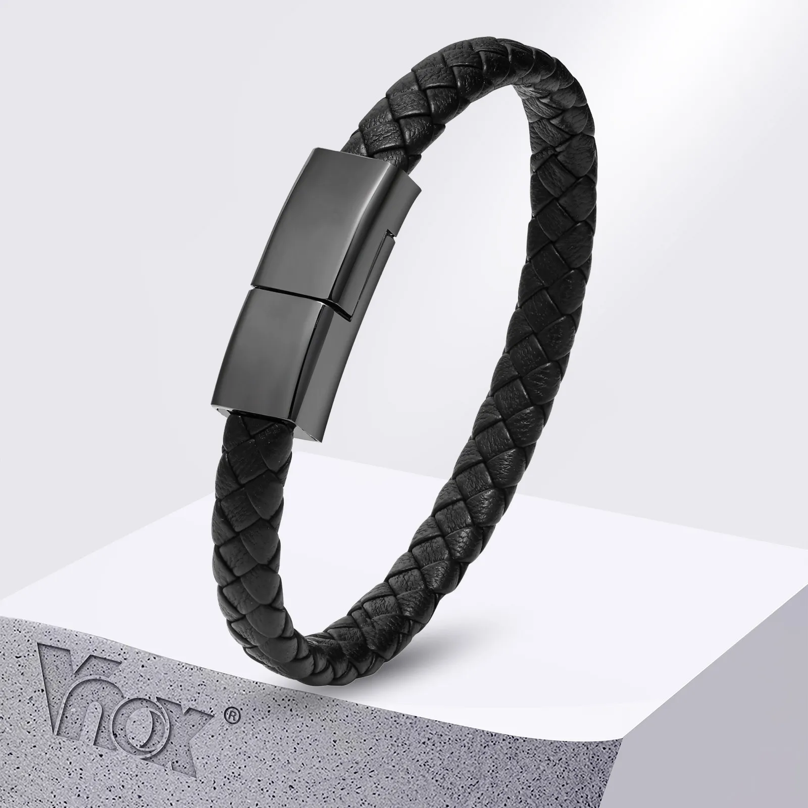 Vnox Charging Bracelets Bangles For Men Dad Black PU Woven Flat Leather Rope Official Business Daily Fashion Jewelry