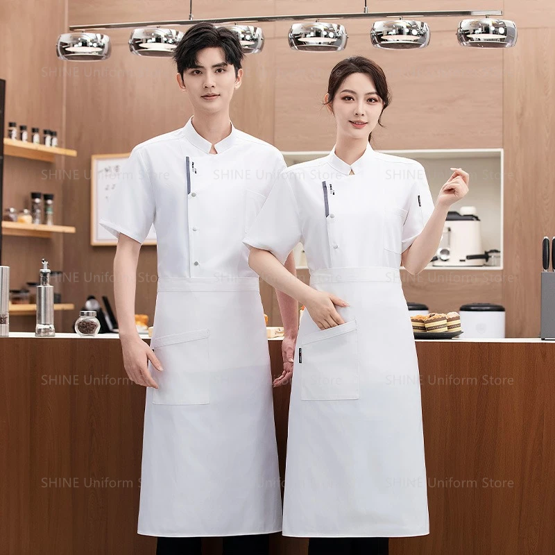 Manteau de Chef de cuisine de Restaurant, vêtements de travail noirs, veste de Chef en maille respirante à manches courtes, uniforme de chef avec tablier, accessoires pour hommes