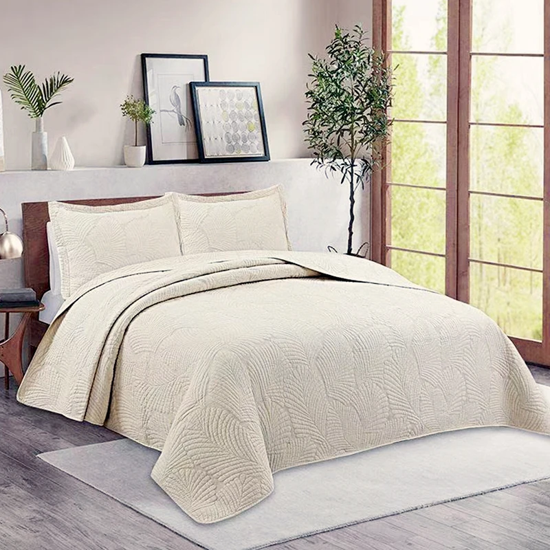 Pure Cotton Bedspread Quilted Bed Cover Queen King Size Quilt Palm Leaf Embroidery Blanket Solid Color Coverlet Non-slip Sheet