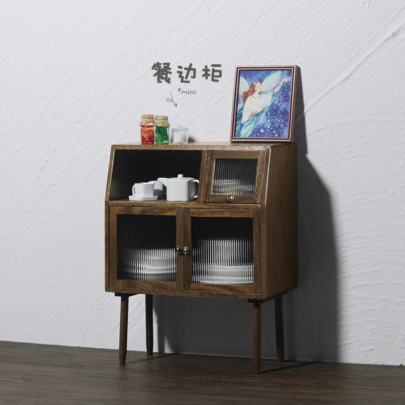 

1:12 Retro Wabi-Sabi Style Mini Sideboard with Tea Storage Compartment Wooden Furniture Doll House Accessories Model Decor Toys