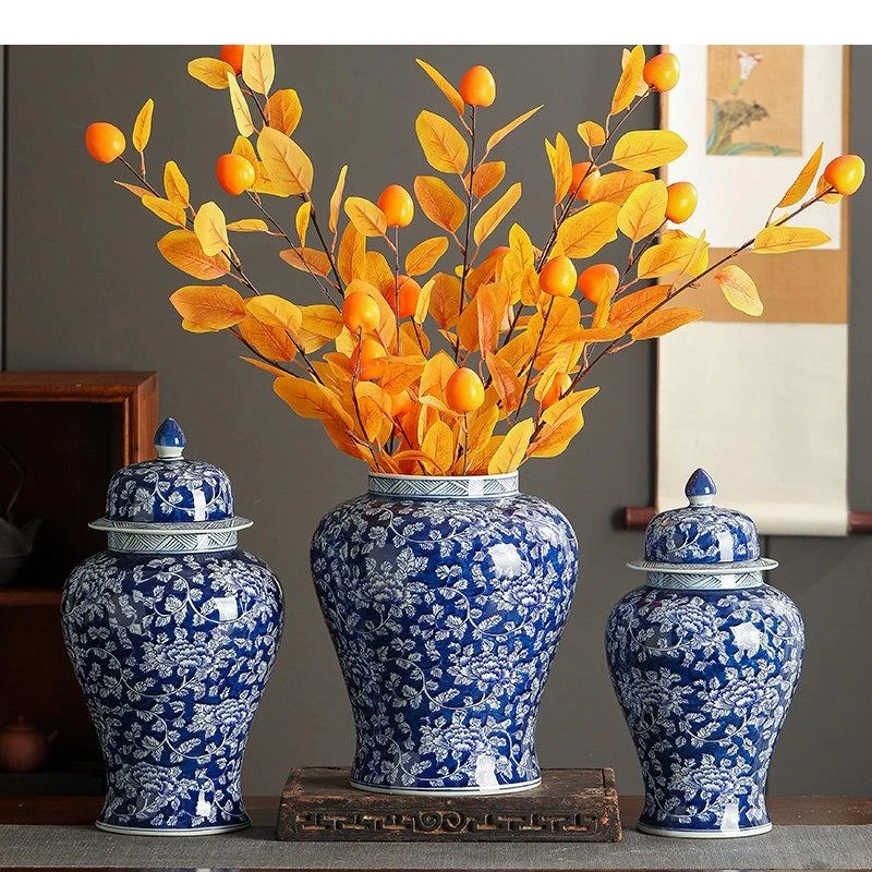 Flower Branches Texture General Tea Canister Candy Pots Blue and White Porcelain Ginger Jar Desk Decoration Vase