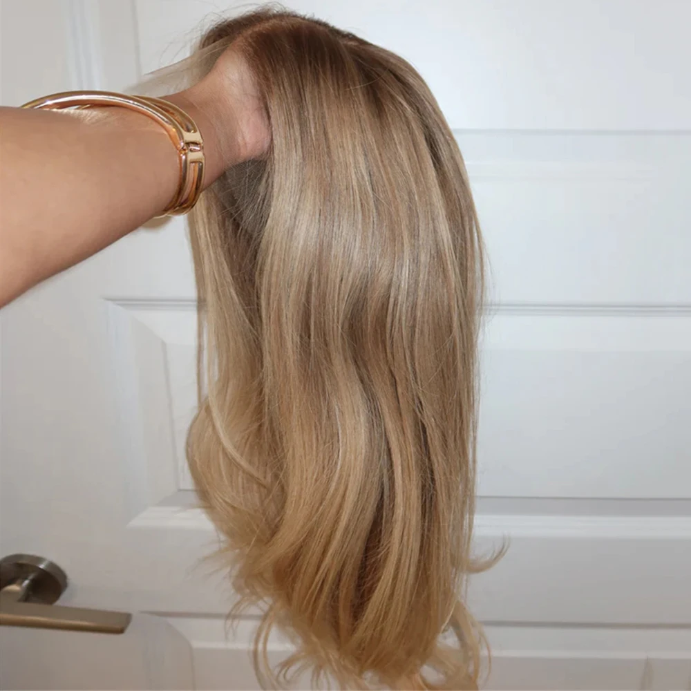

Soft Blonde w Light Brown Roots&Highlights Super Wavy Natural Realistic Glue-free Blonde Hair Jewish Silk Top Lace Front Wig