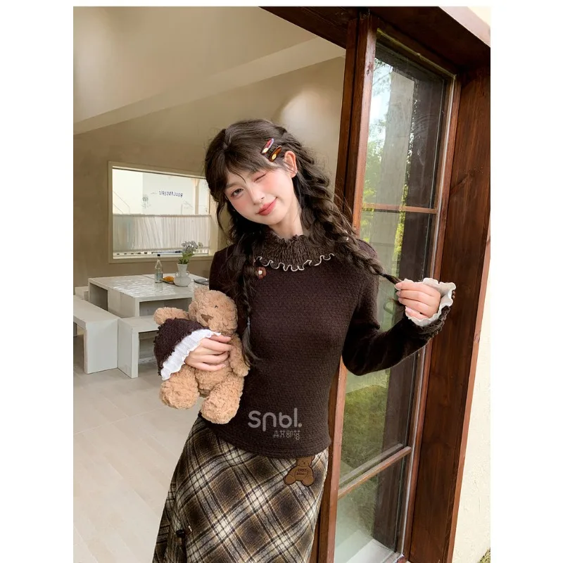 Mori Sweet Lolita Fungus Edge Lace Long Sleeved Tshirt Autumn New Daily Casual Three Dimensional Flower Inner T Shirt Top Women