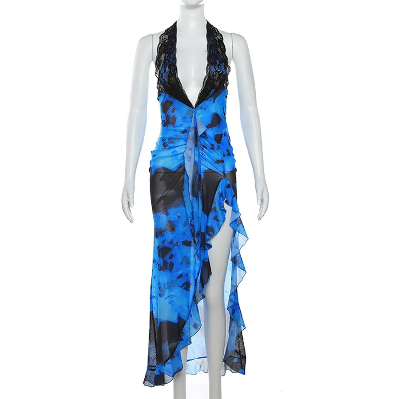 الكشكشة طباعة المرأة فستان الدانتيل المرقعة الجانب سبليت الرسن ضمادة عارية الذراعين منخفضة الصدر مثير ملهى ليلي حفلة Bodycon