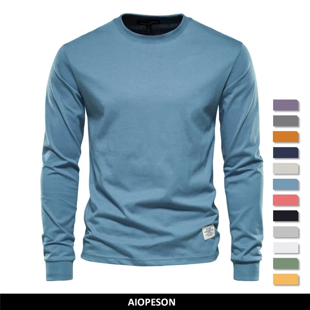 AIOPESON Solid Color Cotton T Shirt Men O-neck Long Sleeved Mens Tshirts High Quality Basic T-shirt Male