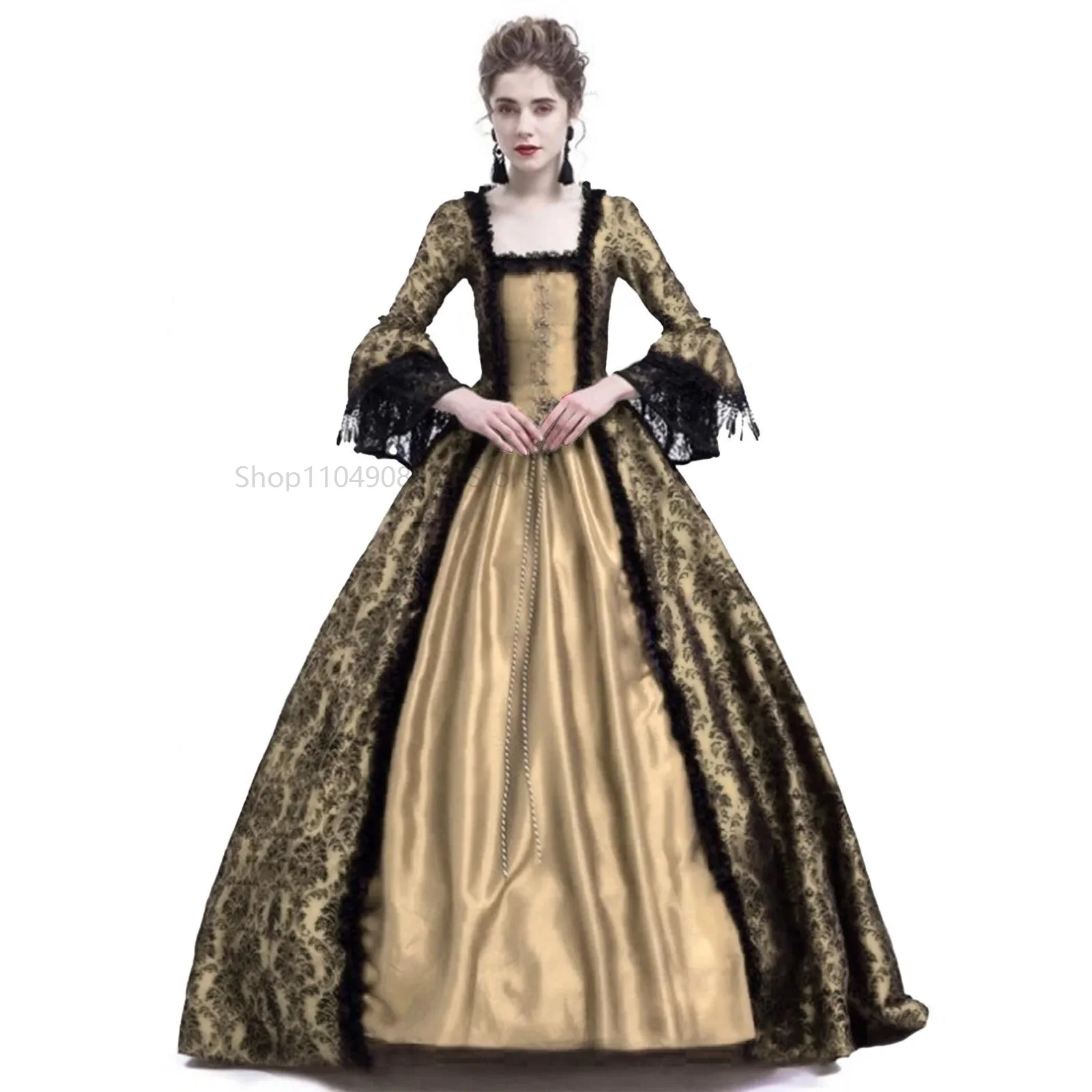 

Halloween Women Victorian Medieval Queen Cosplay Costume Masquerade Witch Vampire Black Gothic Lace Long Court Dress S-XXXXXL