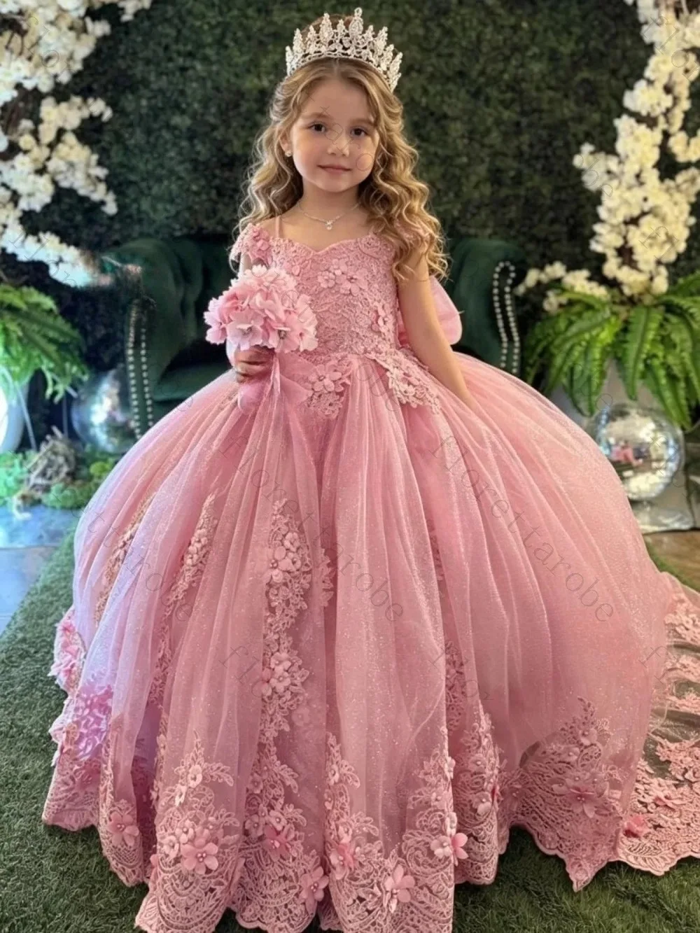 Customized Blush Pink Spaghetti Strap Glitter Tulle Flower Girl Dress 3D Floral Lace Train Gown Kids for Wedding or Birthday