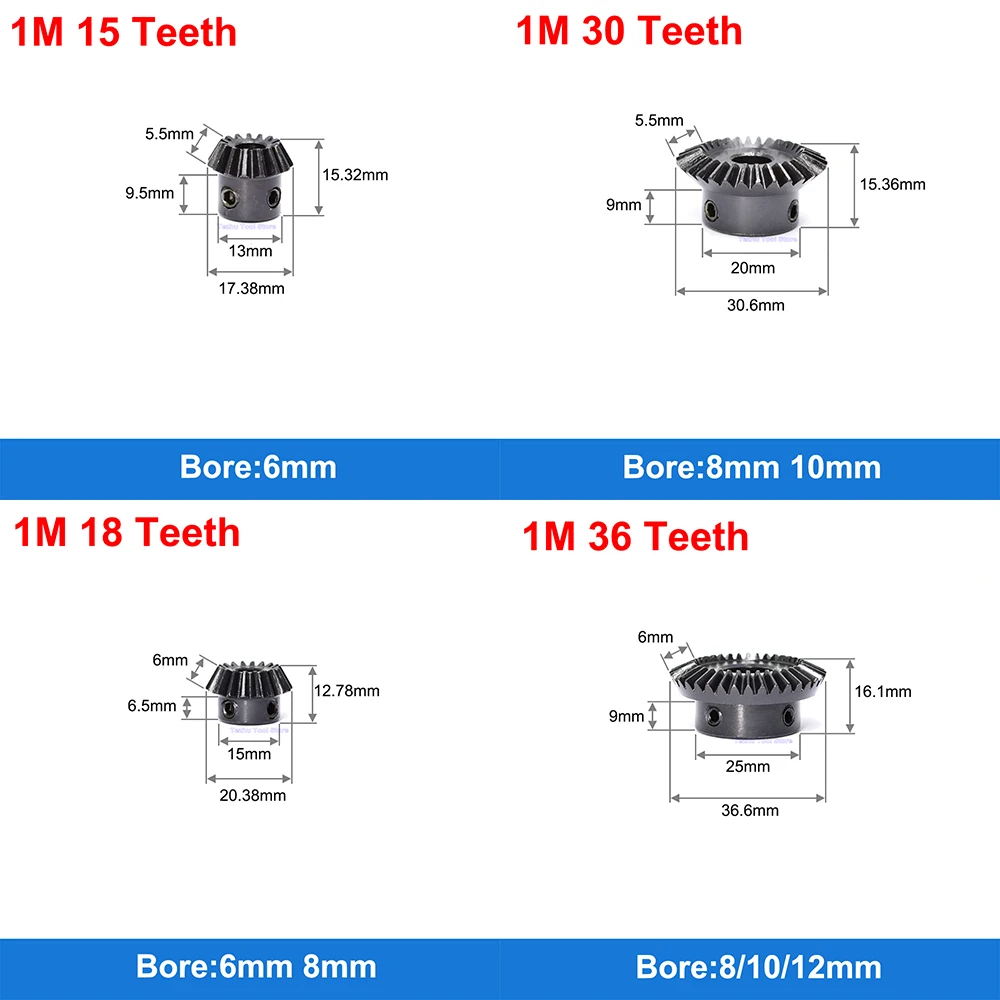 1PCS Single 45# Steel 90 Degree 1 Module Bevel Gear 15 Teeth To 40 Teeth Meshing Angle Gear Bore 6/8/10/12mm Speed Ratio 1:2