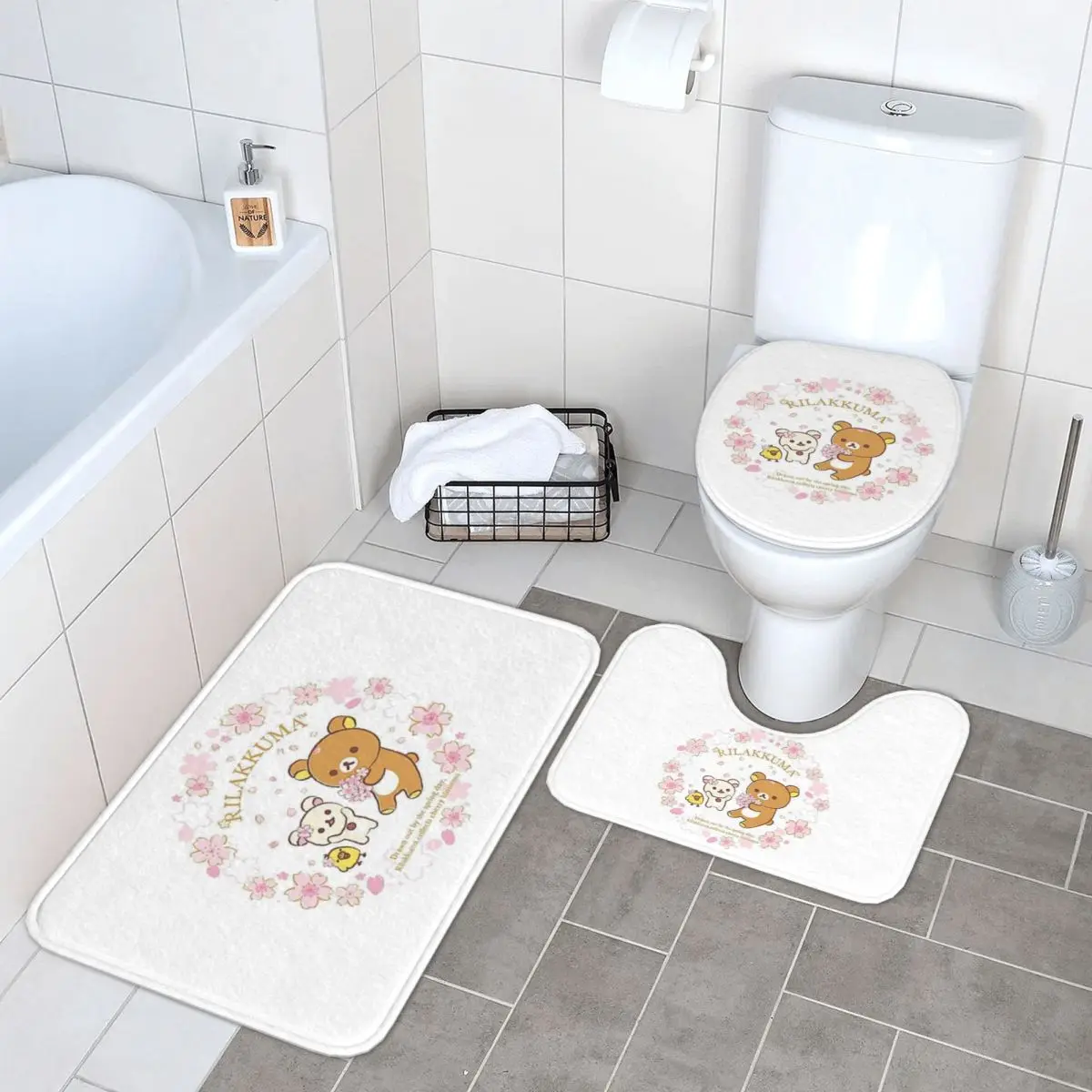 

Rilakkuma Sakura 3 Piece Bath Mat Bathroom Set Toilet Lid Cover Home Decor Non-Slip Carpet Floor Rug