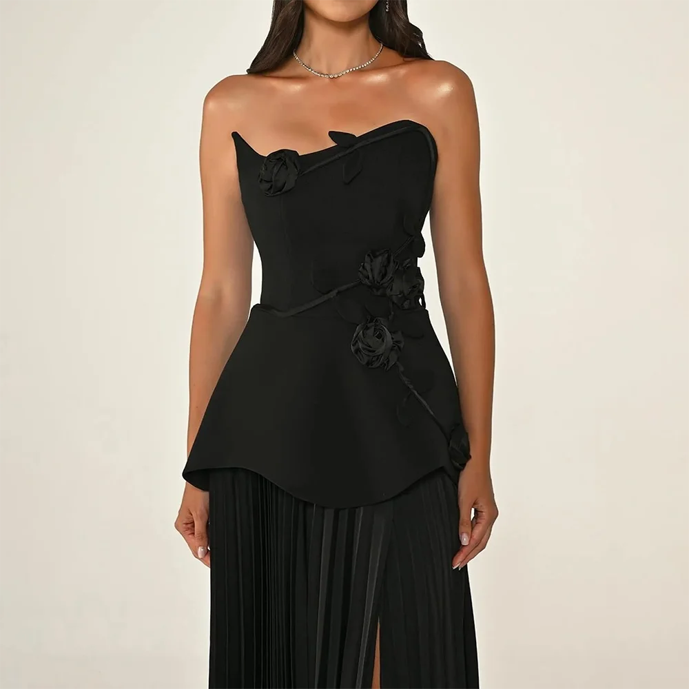 Abito da sera elegante nero senza spalline fiore piega abiti da sera lunghi spacco sulla coscia una linea abiti da sera da donna 2025 personalizzato