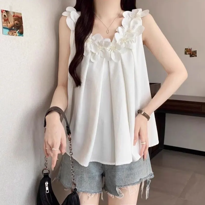 Vacation Style Flowers Shirts Women's Clothing Sleeveless Summer Fashion Three-dimensional Decoration Basic Solid Color Blouse