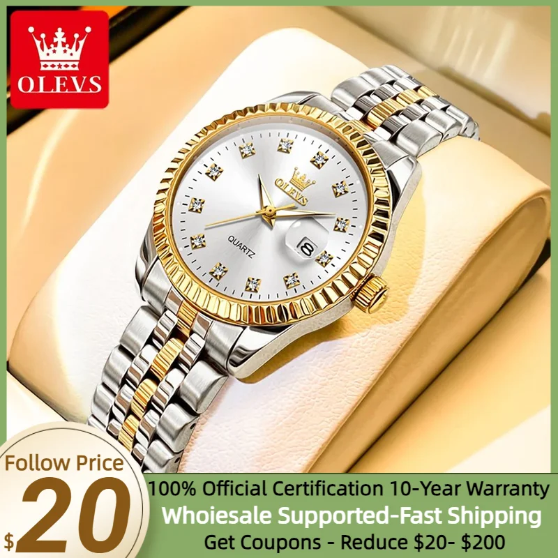 OLEVS Women\'s Watches Luxury Diamond Elegant Women Wristwatch Stainless Steel Waterproof Luminous Ladies Watch Jewelry Set