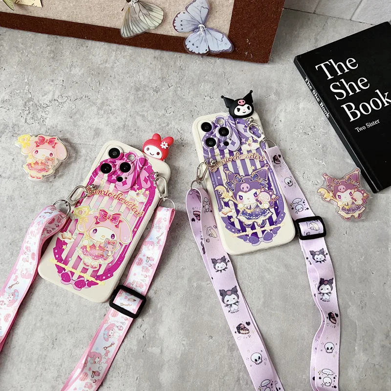 Funda de teléfono con cordón cruzado 3D Hello Kitty Kuromi para iPhone 16 15 14 13 12 11 Pro Max XS X XR 7 8 Plus cubierta a prueba de golpes