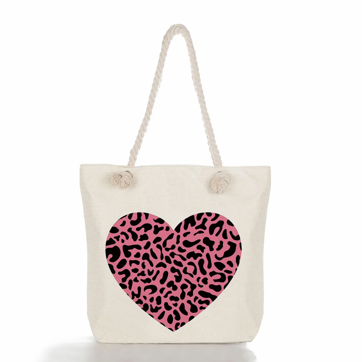 Leopard Print Canvas Tote Eco Shopping Bag Zipper Pocket Love Heart New York Slogan Twist Shoulder Strap A-Z Alphabet Wholesale