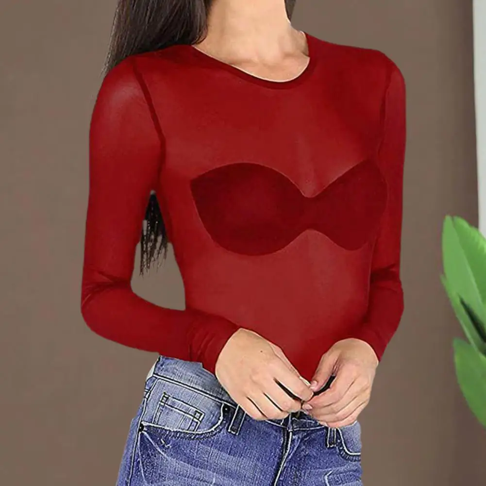 Blusa de malla transparente para mujer, Top elegante de manga larga con cuello redondo, Camisa ajustada, Top de gasa transparente con protección solar para verano