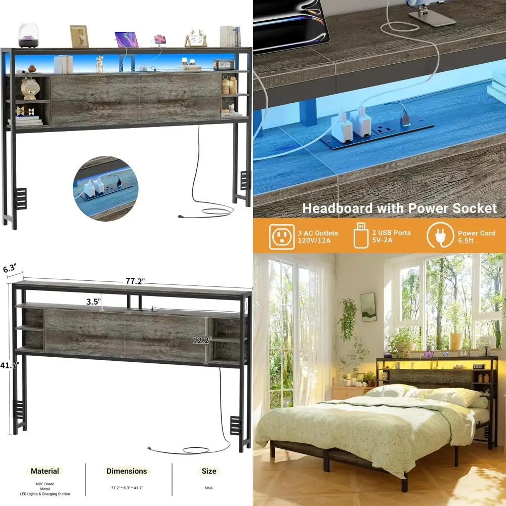 لوح رأسي للتخزين بحجم كينج مع منافذ وإضاءة LED RGB، لوح رأسي سرير متين ومستقر لأسرّة كينج، وظيفة محسنة #1