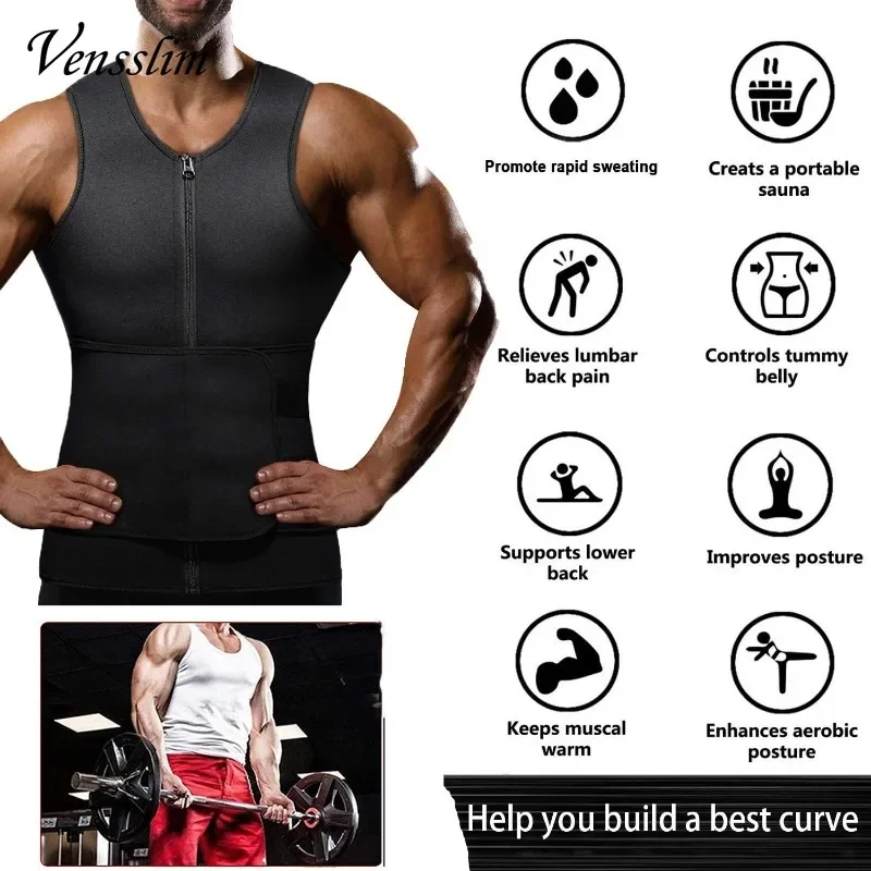 Vensslim Waist Trainer for Men Hot Neoprene Sauna Suits Zipper Sweat Vest with Adjustable Belt Gym Workout Body Shaper Tank Tops