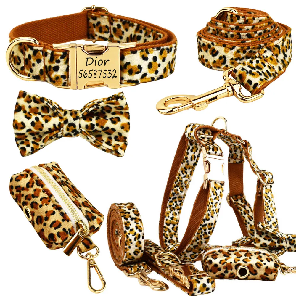 Dog Collar Leopard Personalized Name Collar Custom Puppy Harness for Small Medium Dog Chest Vest Harness Lead Dogs Poop Bag bow