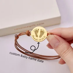 Custom Bracelets Personalized Adjustable Rope Bracelet Women Engraved Baby Footprint Handprint Stainless Steel Jewelry Mom Gifts