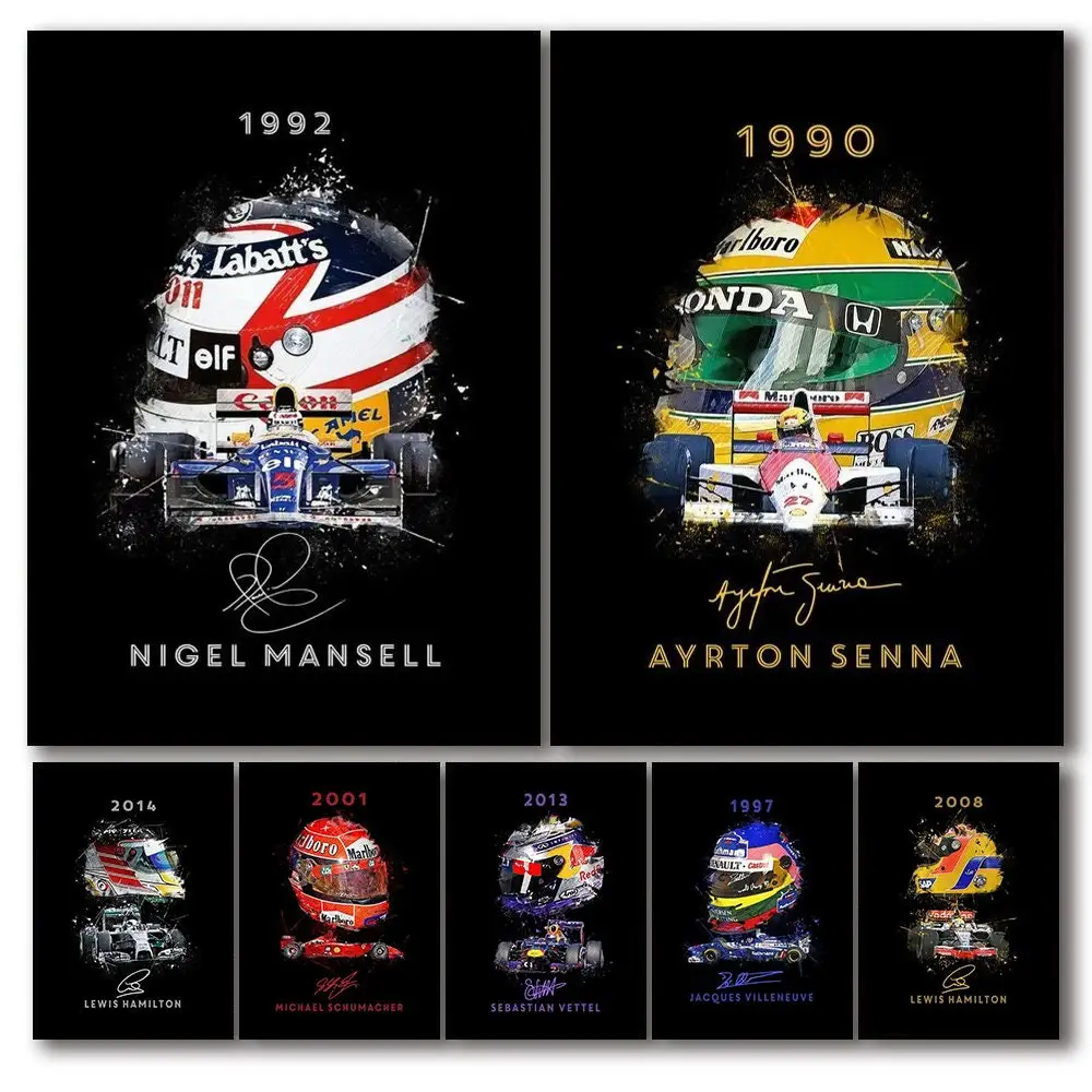 

F1 Racing Poster 80s 90s Helmet Formula 1 Car Canvas Painting Prints Wall Art Pictures For Living Room Home Decor Frameless