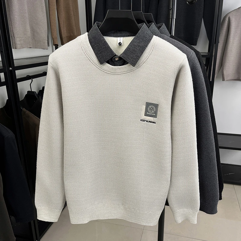 Designer Quality Men's Lapel Pullover Fake Two-Piece knitwear Winter New Arrival Embroid Fleece Thicken Sweater Fashion Menswear
