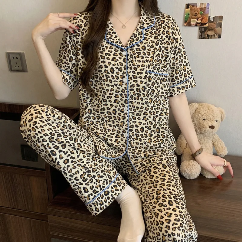 

Summer Ins-Style Mature Wild Leopard Print Women's Pajamas, Short-Sleeve and Long Pants, Loose Two-Piece High-End Homewear Set