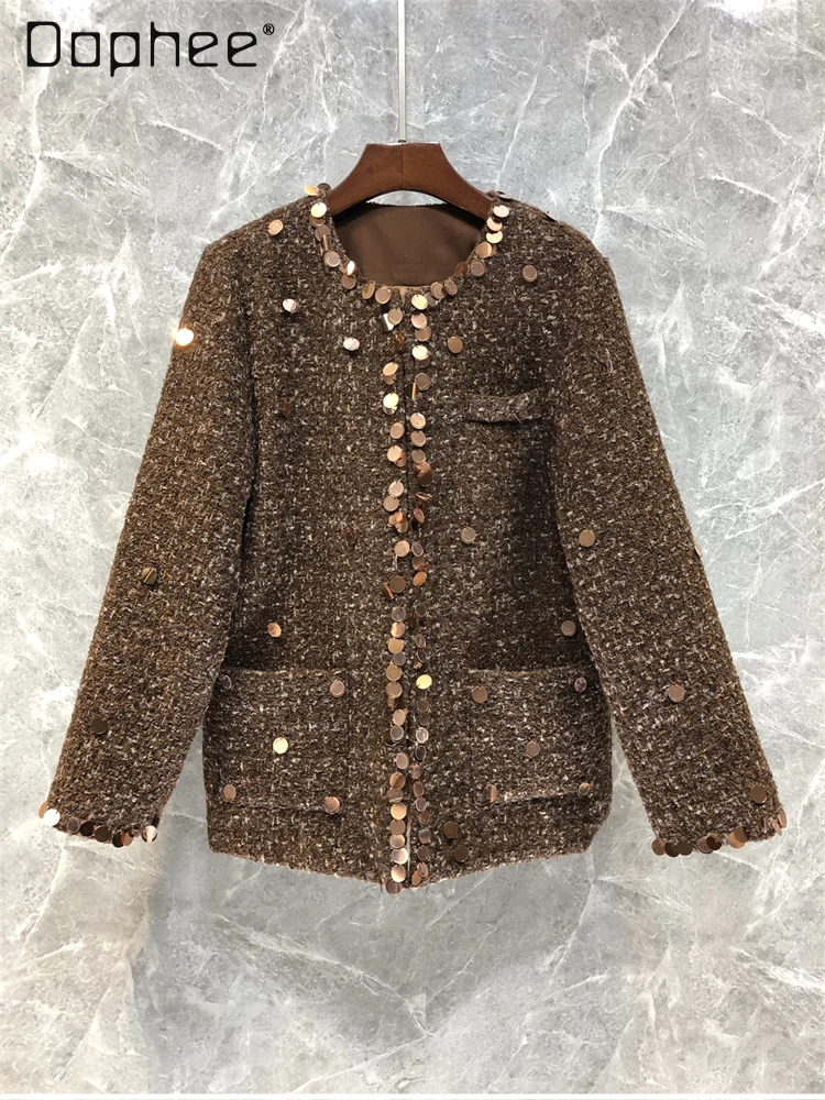 

French Style Sequined Tweed Jacket Women 2024 Winter New with Shoulder Pad Round Collar Wool Coats Elegant Female Trend