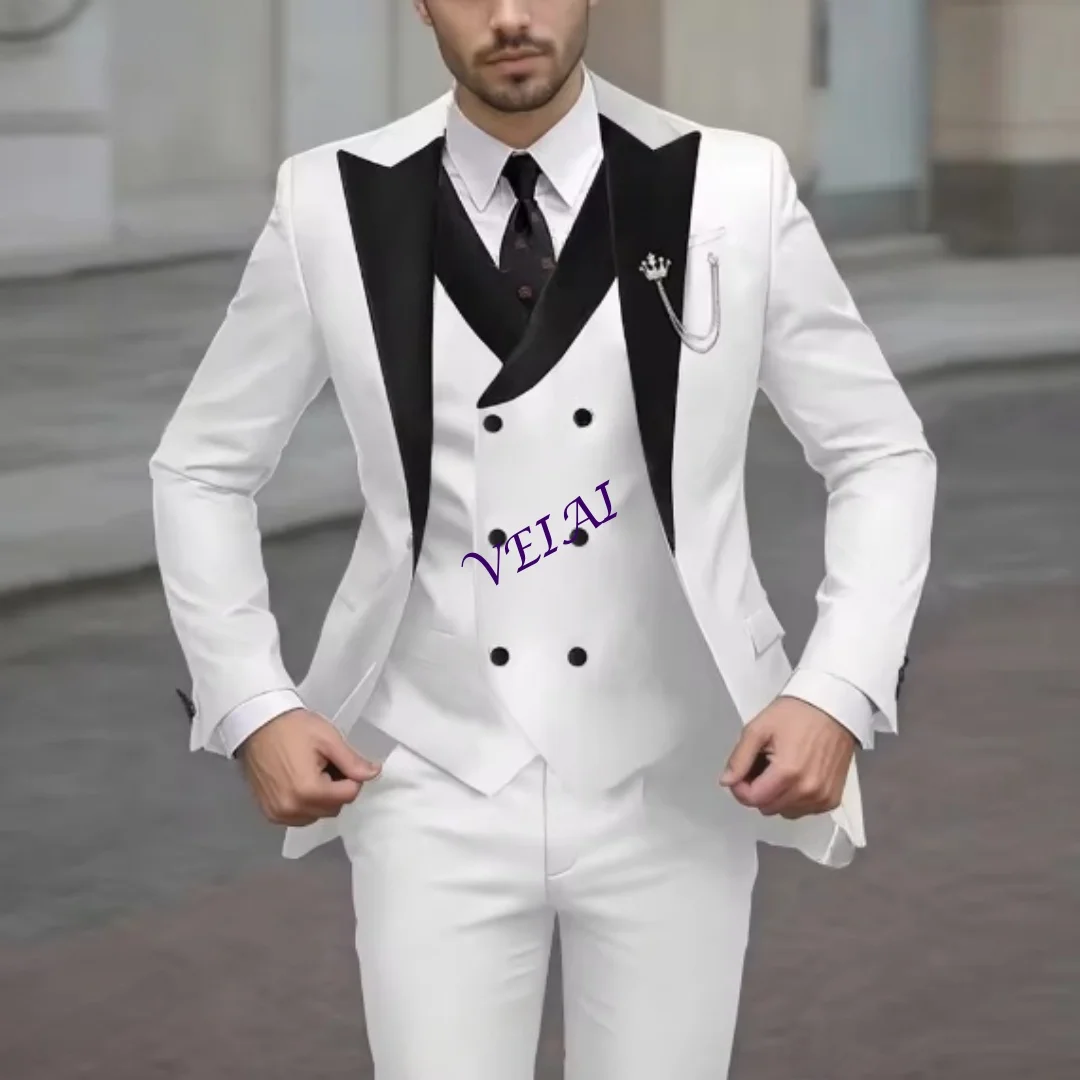 

Белый мужской костюм с черным воротником по индивидуальному заказу, свадебная вечеринка, формальный жених, жених, выпускной, деловой мужской смокинг, комплект из 3 предметов, куртка, жилет Pa