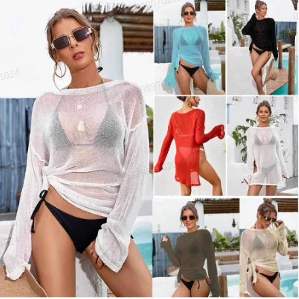 

Женская однотонная пляжная накидка, топ-пуловер с длинными рукавами и боковыми разрезами, модная повседневная пляжная туника-смок