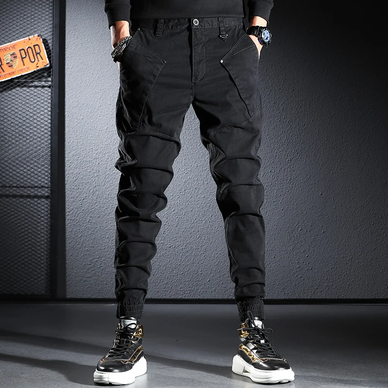 Fashion Streetwear Men Jeans Elastic Black Trousers Spliced Designer Casual Cargo Pants Hombre Hip Hop Joggers Men Overalls