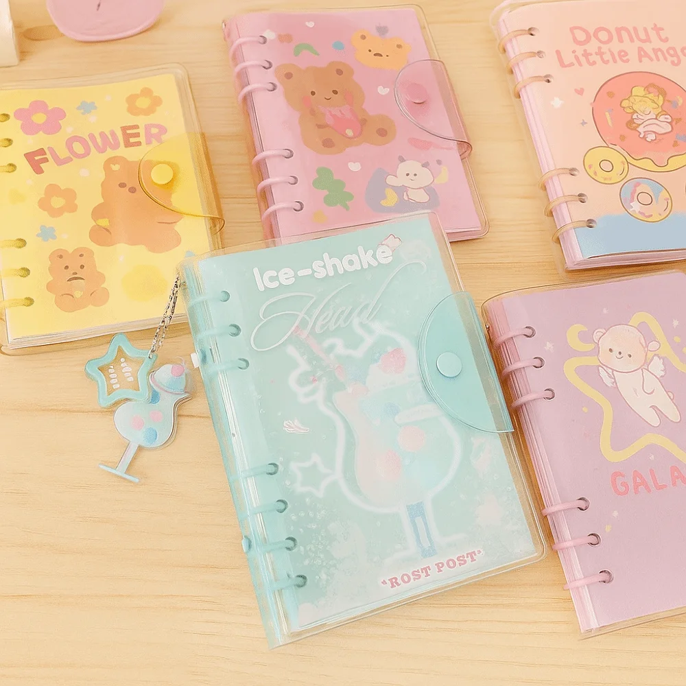 Portable 6 Binder Ring Notebook Exquisite Button Design PVC Notebook Frosty Series Loose-leaf Schedule Book School Supplies