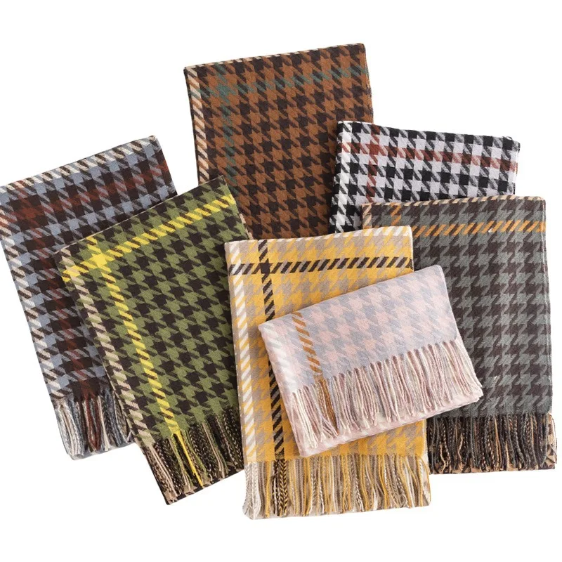 2025 Winter New Imitation Cashmere Fashion Contrasting Colors Thousand Bird Grid Fringed Scarf Warm Versatile Large Shawl Gifts