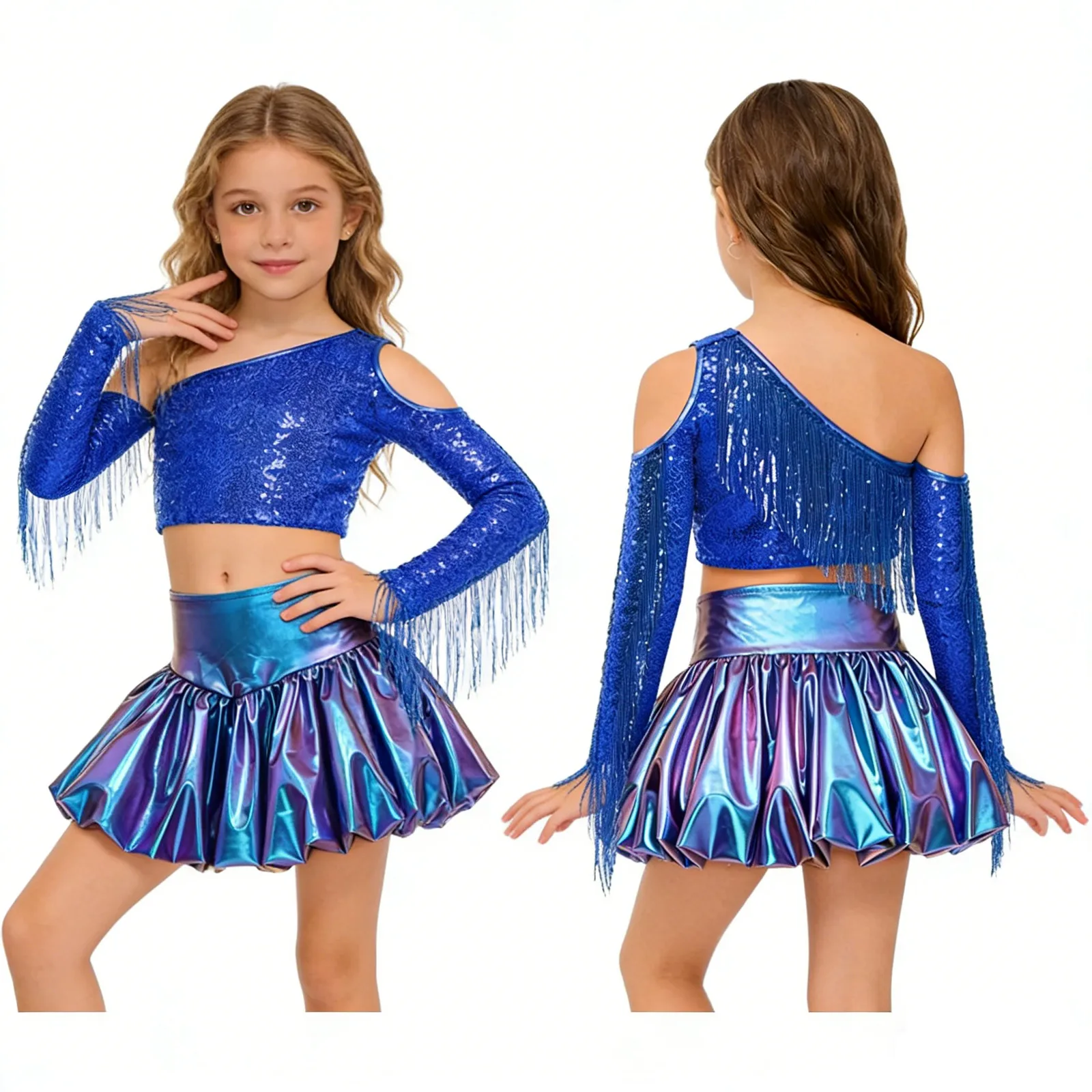 Kids Girls Long Sleeve Jazz Dance Crop Tops with Metallic Shiny Bubble Skirt Cheerleading Costume for School Show Dancing Party