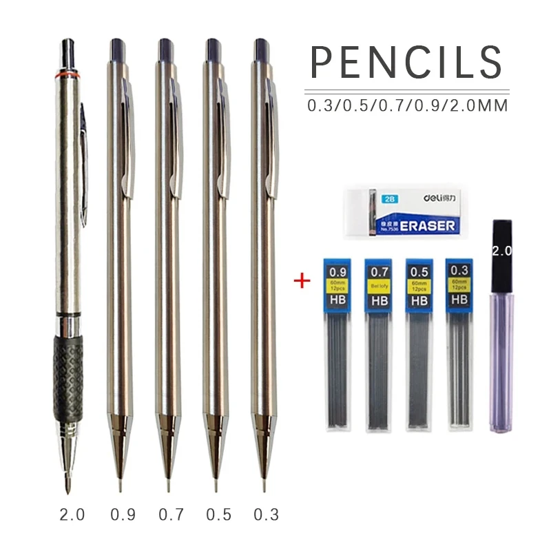 Set pensil mekanik logam penuh 0.3 0.5 0.7 0.9 2.0mm, seni sekolah, menulis, baja antikarat, perlengkapan Kawaii pensil otomatis