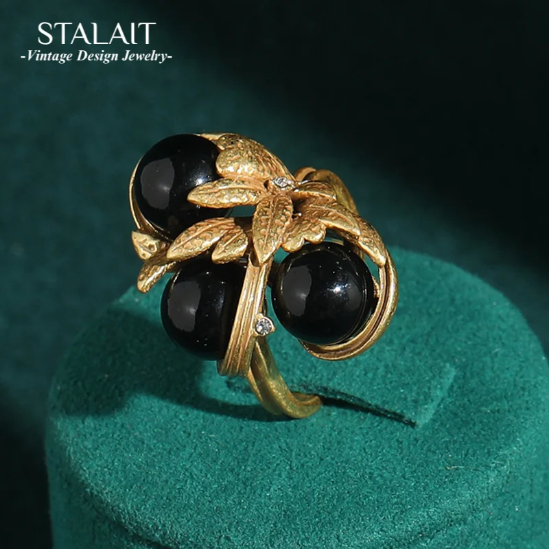 

Vintage Black Agate Ball Rings Gold Color Leaves Open Finger Accessories Luxury Quality Jewelry Designer 2025 New Trends