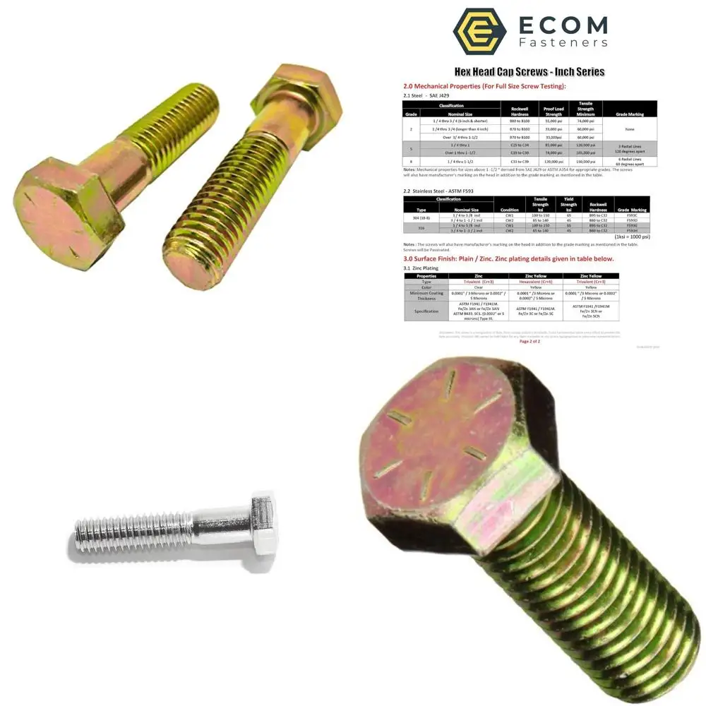

Grade 8 Zinc Yellow Plated Steel Hex Cap Screws 5/16-18 x 5.5 inches, Coarse Thread, 50 Pack, Heavy Duty Fasteners
