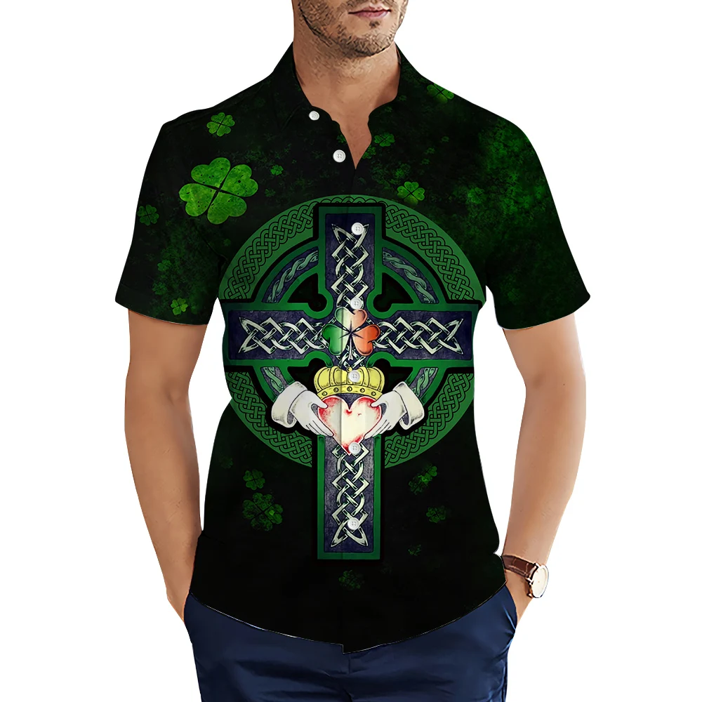 

HXFashion Men's Shirts St. Patrick's Day Jesus Cross Leaf 3D Printed Casual Shirt Summer Shirts for Men Clothing Camisas