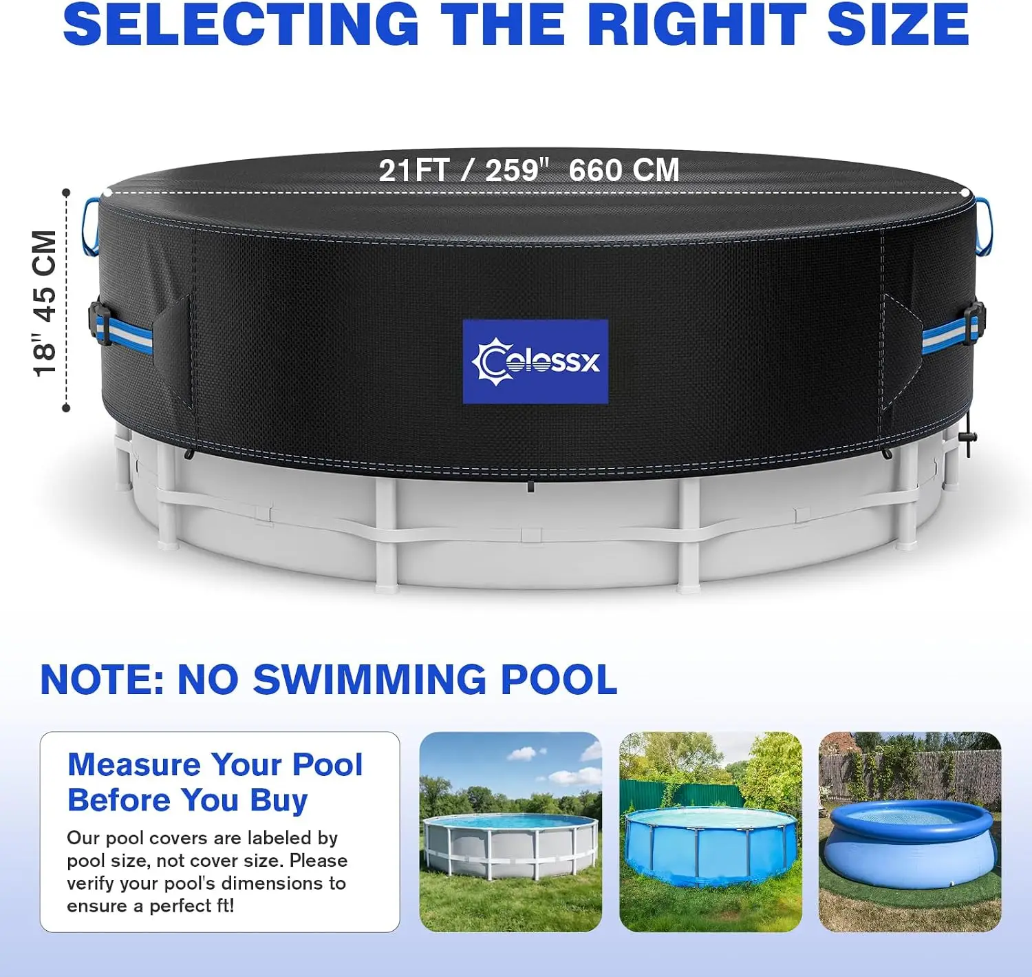 21 Ft Round Pool Cover with Reflective Strips, 600D Swimming Pool Cover for Above Ground Pools, Solar Cover with Drawstring