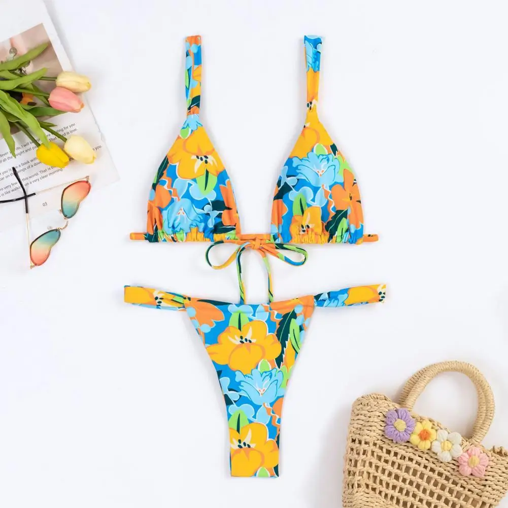 2 Pcs/Set Women Swimsuit Set  Floral Print High Waist Backless Lace-up Pleated Soft Quick Dry Lady Beachwear Bathing Suit Bikini